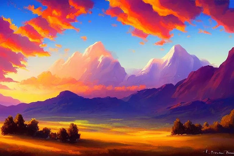 Image similar to a beautiful colorful nature landscape with clouds, mountains, in background, sunset, by rhads