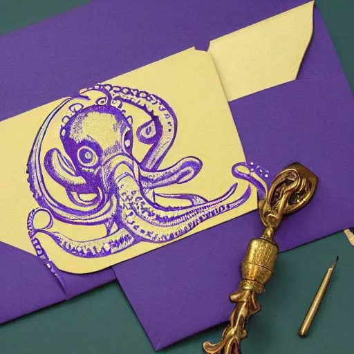 Prompt: close - up lilac envelope letter stamped with a wax seal with an octopus emblem, intricate hyper detailed ultra sharp, sharp focus, global illumination, painting, museum, masterpiece, vermeer, radiant light, 4 k, ultra hd,