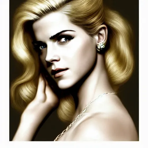 Image similar to A combination of Katheryn Winnick's and Grace Kelly's and Emma Watson's faces with blonde hair as Solid Snake from Metal Gear Solid, full body portrait, western, D&D, fantasy, intricate, elegant, highly detailed, digital painting, artstation, concept art, matte, sharp focus, illustration, art by Artgerm and Greg Rutkowski and Alphonse Mucha