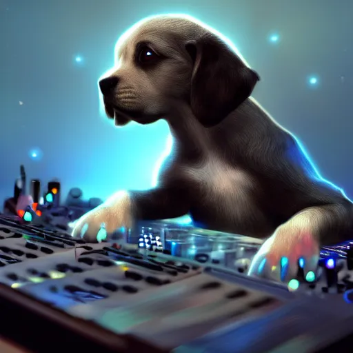 Prompt: puppy as a DJ, 8k, fantasy, intricate, cinematic lighting, highly detailed, digital painting, artstation, concept art, smooth, sharp focus, illustration, by Pixar