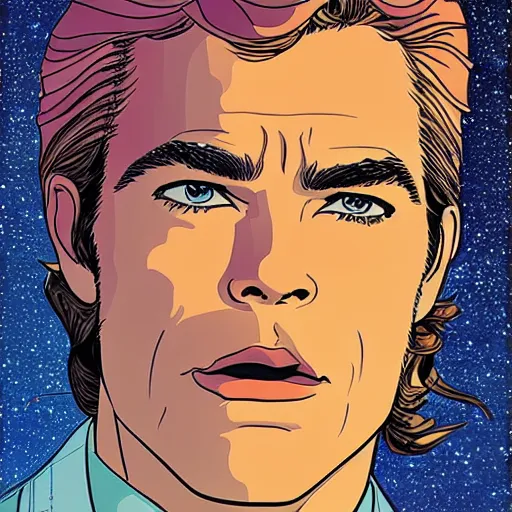 Prompt: chris pine retro minimalist portrait by jean giraud, moebius starwatcher comic, 8 k