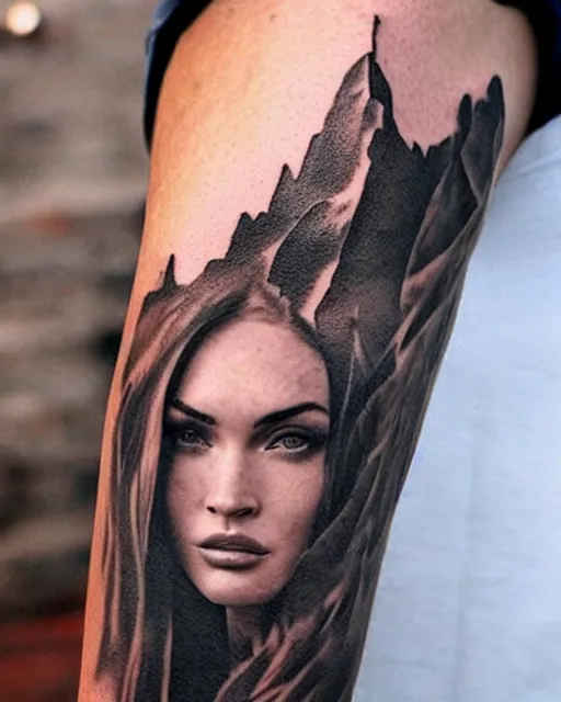 Prompt: double exposure effect tattoo sketch of megan fox faded with a beautiful mountain scenery, realism tattoo, in the style of matteo pasqualin, amazing detail, sharp