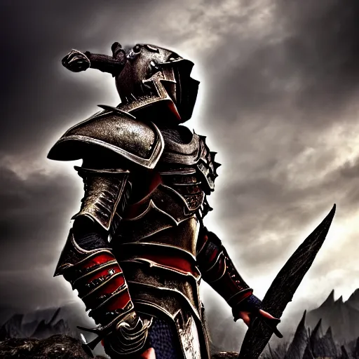 Image similar to warrior with daedric armor, skyrim ,Grim fantasy, D&D, HDR, natural light, dynamic pose, award winning photograph, Mucha style, 8k,