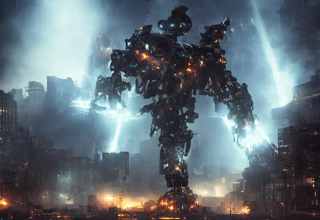 Image similar to mecha peron destroying a city, photorealistic, film, cinematic lighting, octane tender, volumetric light, dark - art