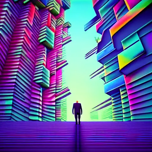 Image similar to photo - realistic, painting of a man walking alone in the boulevard of psychedelic dreams, trippy stairs in the background, hyper detail, sharp, in the style of beeple, mobeius, rule of thirds, unreal engine