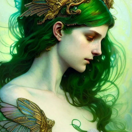 Image similar to Portrait of a girl with green hair and glowing halo and highly detailed intricate wings, art nouveau, fantasy, intricate, elegant, highly detailed, digital painting, artstation, concept art, smooth, sharp focus, illustration, art by Krenz Cushart and Artem Demura and alphonse mucha