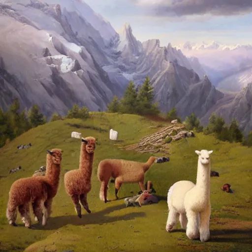 Prompt: alpaca stands on the top of mountain, cows falling from the sky. high detailed painting.