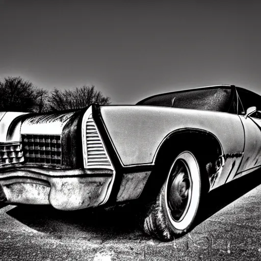 Image similar to black and white press photograph of a rusted abandoned buick riviera on an empty abandoned city street, full view, detailed, natural light, mist, film grain, soft vignette, sigma 5 0 mm f / 1. 4 1 / 1 0 sec shutter, imax 7 0 mm footage
