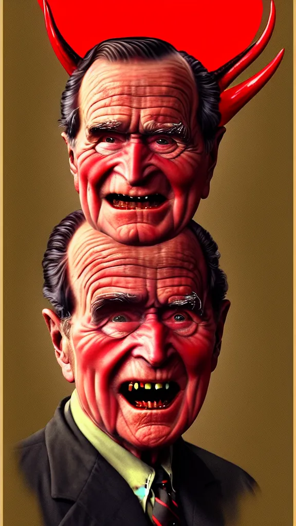 Image similar to demonic george hw bush with red horns, painting in the style of norman rockwell, 1 9 5 0 s, evil, satan, devil, demonic, demon, hyperrealistic, photorealistic, award - winning, 4 k, ultra hd, artstation, intricate, highly detailed, american, usa, dark, gritty