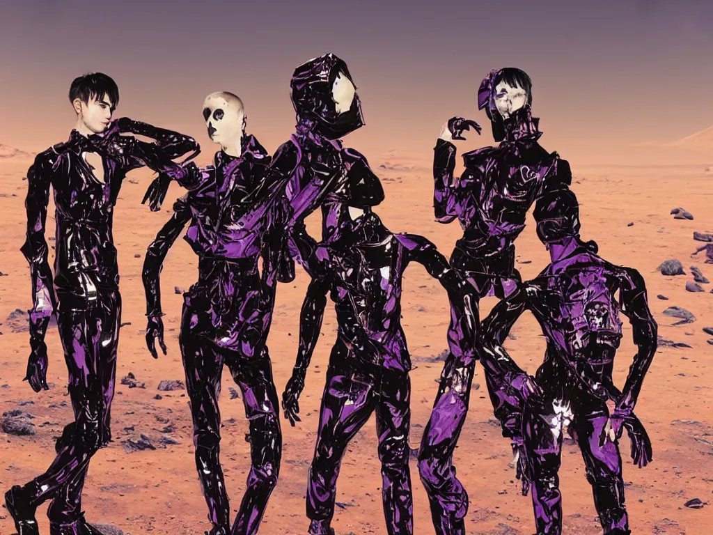 Prompt: portrait of depressed scrawny teenagers with emo haircuts wearing gothy purple and black spandex suits, standing next to smashed burning spacecraft wreckage, on the orange surface of mars, highly detailed, dramatic lighting, photorealistic, cinematic