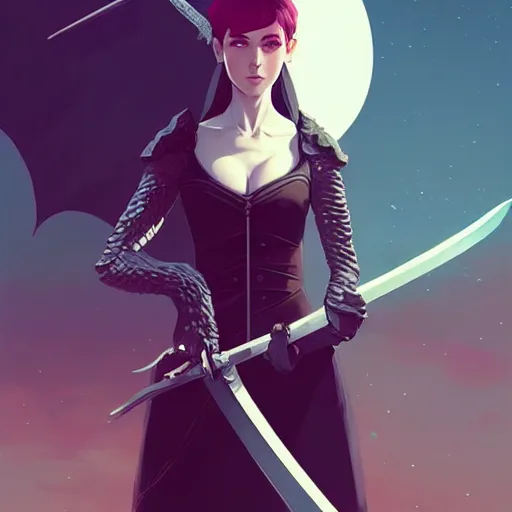 Image similar to a woman holding a sword with a dragon on it, concept art by Ilya Kuvshinov, contest winner, fantasy art, official art, concept art, high detail, experimental, high quality, 4k