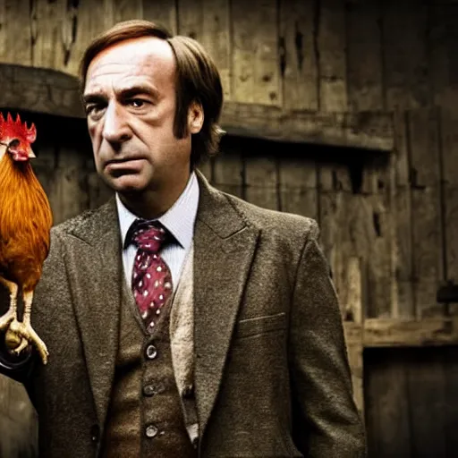 Prompt: saul goodman and a rooster in a medieval torture chamber, saw blades and knives in the background, horror movie, saul goodman!!!, rooster!!!!, real life photo, detailed face!