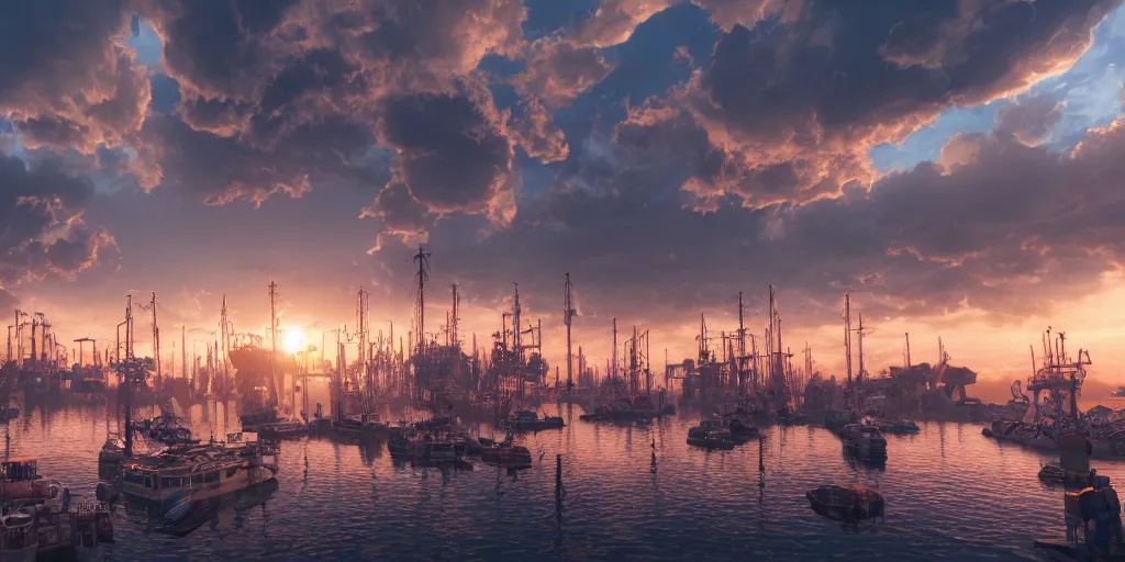 Image similar to a cinematic frame of a steampunk harbor at sunset, beautiful clouds in the sky, gold and copper color scheme hyperdetailed, 8 k