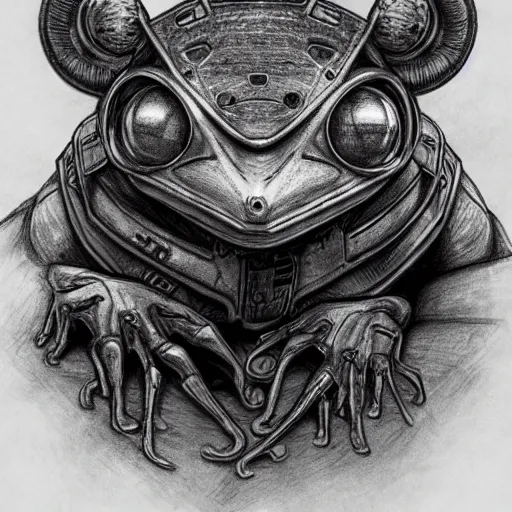 Prompt: cyberpunk frog, concept art, colorized pencil, highly detailed, Akihiko Yoshida