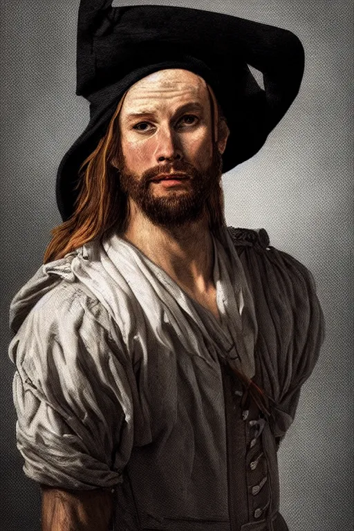 Prompt: portrait, headshot, digital painting, of a wild 17th century sailor, in tricorn hat, realistic, hyperdetailed, chiaroscuro, concept art, art by Franz Hals