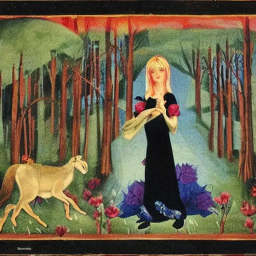 Prompt: In the print Vasilisa can be seen standing in the forest, surrounded by animals. She is holding a basket of flowers in one hand and a spindle in the other. Her face is turned towards the viewer, with a gentle expression. In the background, the forest is depicted as a dark and mysterious place. hollywood cerise, Monster Rancher by Hannah Hoch