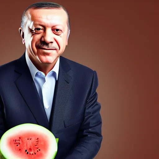 Image similar to recep tayyip erdogan smiling holding watermelon, studio photograph, hd, studio