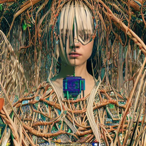 Image similar to piles of modular synth cables mixed with mangrove roots, kawaii puerto rican goddess staring through your soul wearing a headpiece made of circuit boards, by makoto shinkai, masamune, and stanley kubrick, unique perspective, eastman color, trending on artstation, cinematic, 3 d render, photorealistic