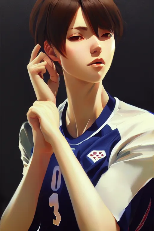 Prompt: a ultradetailed beautiful panting of a stylish woman wearing a volleyball jersey, detailed face, oil painting, by ilya kuvshinov, greg rutkowski and makoto shinkai