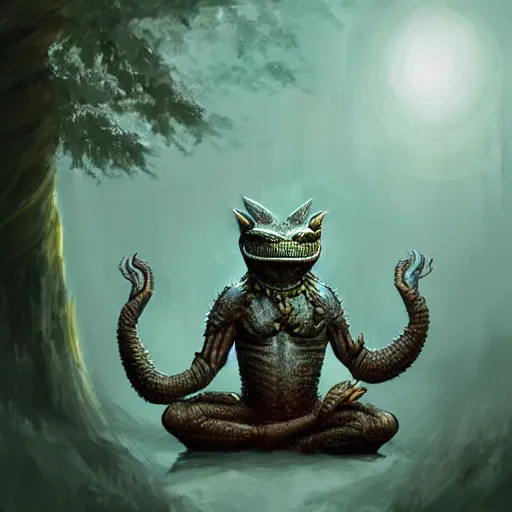 Image similar to argonian!!! bodhisattva, praying meditating, epic fantasy digital art, artstation trending