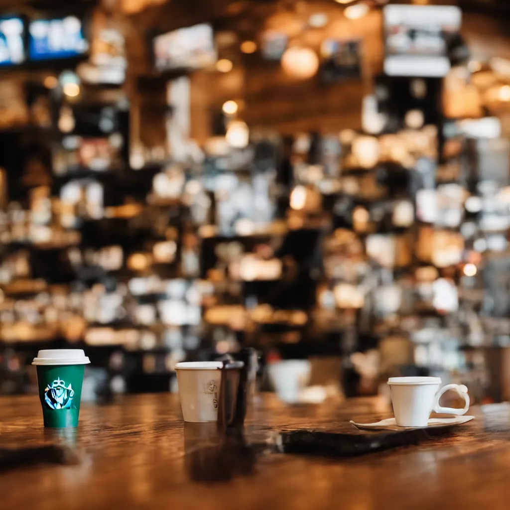 Image similar to Sonic having a cup of tea at starbucks. Beautiful composition, hyperrealistic, 50 mm f 1.2, medium shot, indoor smooth light