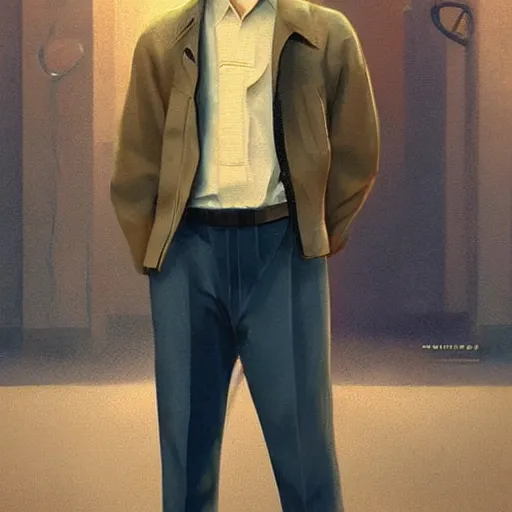 Image similar to a highly detailed epic cinematic concept art CG render digital painting artwork costume design: young James Dean as a well-kept neat perfect formal student in a 1950s USSR school uniform. By Greg Rutkowski and Ilya Kuvshinov, trending on ArtStation, made in Maya, Blender and Photoshop, octane render, excellent composition, cinematic atmosphere, dynamic dramatic cinematic lighting, aesthetic, very inspirational, arthouse