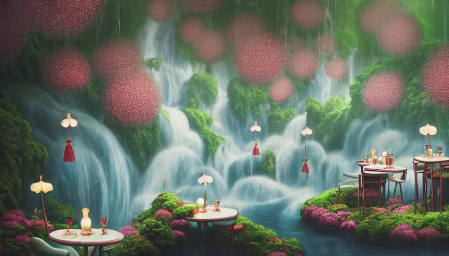 Prompt: James Jean painting of a 35mm film still of a very surreal magical European castle cafe in a lush waterfall garden, falling cherry blossoms pedals, in the style of Gucci and Wes Anderson glowing lights and floating lanterns, foggy atmosphere, rainy, moody, muted colors, magic details, very detailed, 8k, cinematic look