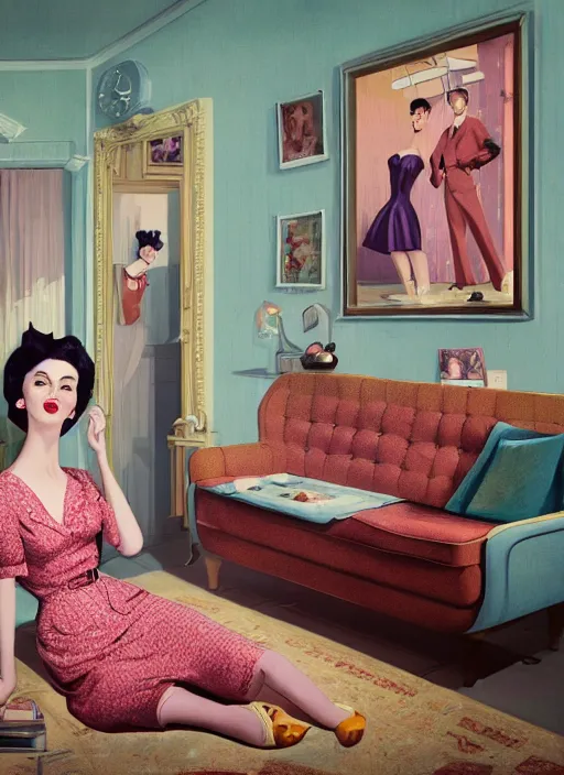 Image similar to wide - angle portrait of a retro 1 9 5 0 s living room, depth of field, zeiss lens, detailed, symmetrical, centered, fashion photoshoot, by nicoletta ceccoli, mark ryden, lostfish, breathtaking, 8 k resolution, extremely detailed, beautiful, establishing shot, artistic, hyperrealistic, octane render