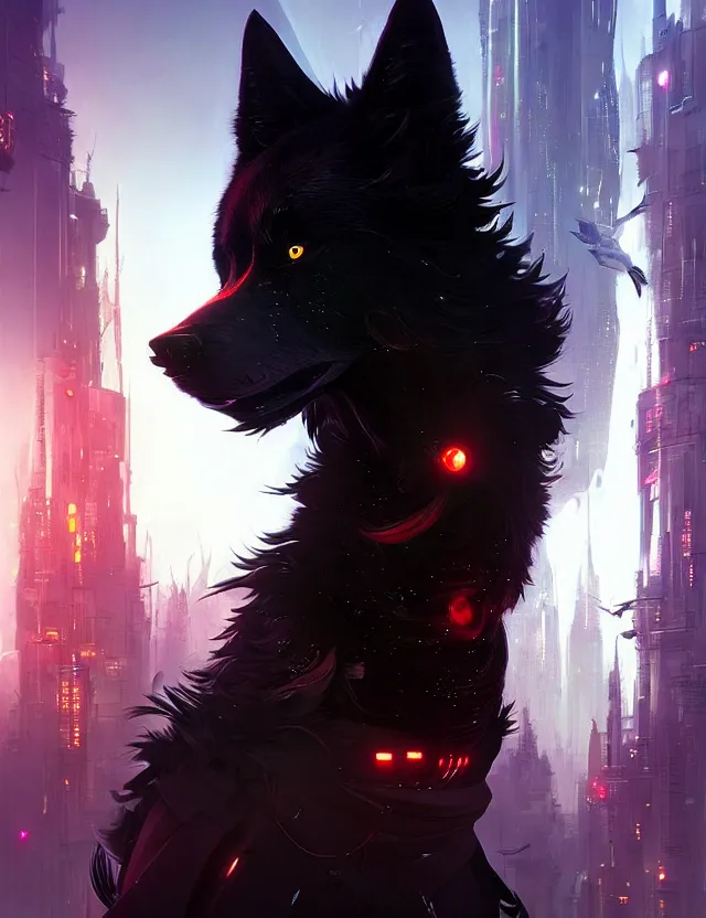 Prompt: beautiful black wolf with long red hair in a futuristic city. character design by cory loftis, fenghua zhong, ryohei hase, ismail inceoglu and ruan jia. artstation, volumetric light, detailed, photorealistic, fantasy, rendered in octane