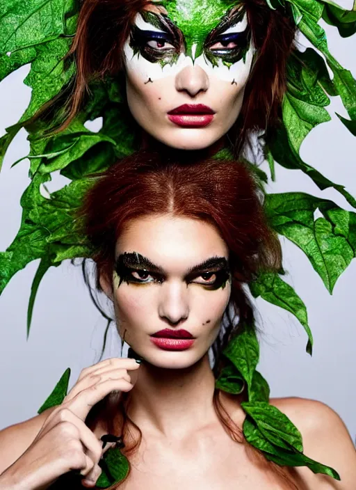 Prompt: A beautiful portrait of Ophelie Guillermand as Poison Ivy from Batman as a Versace fashion model Spring/Summer 2012, highly detailed, in the style of cinematic, Getty images, Milan fashion week backstage, Makeup by Pat McGrath, Greg rutkowski