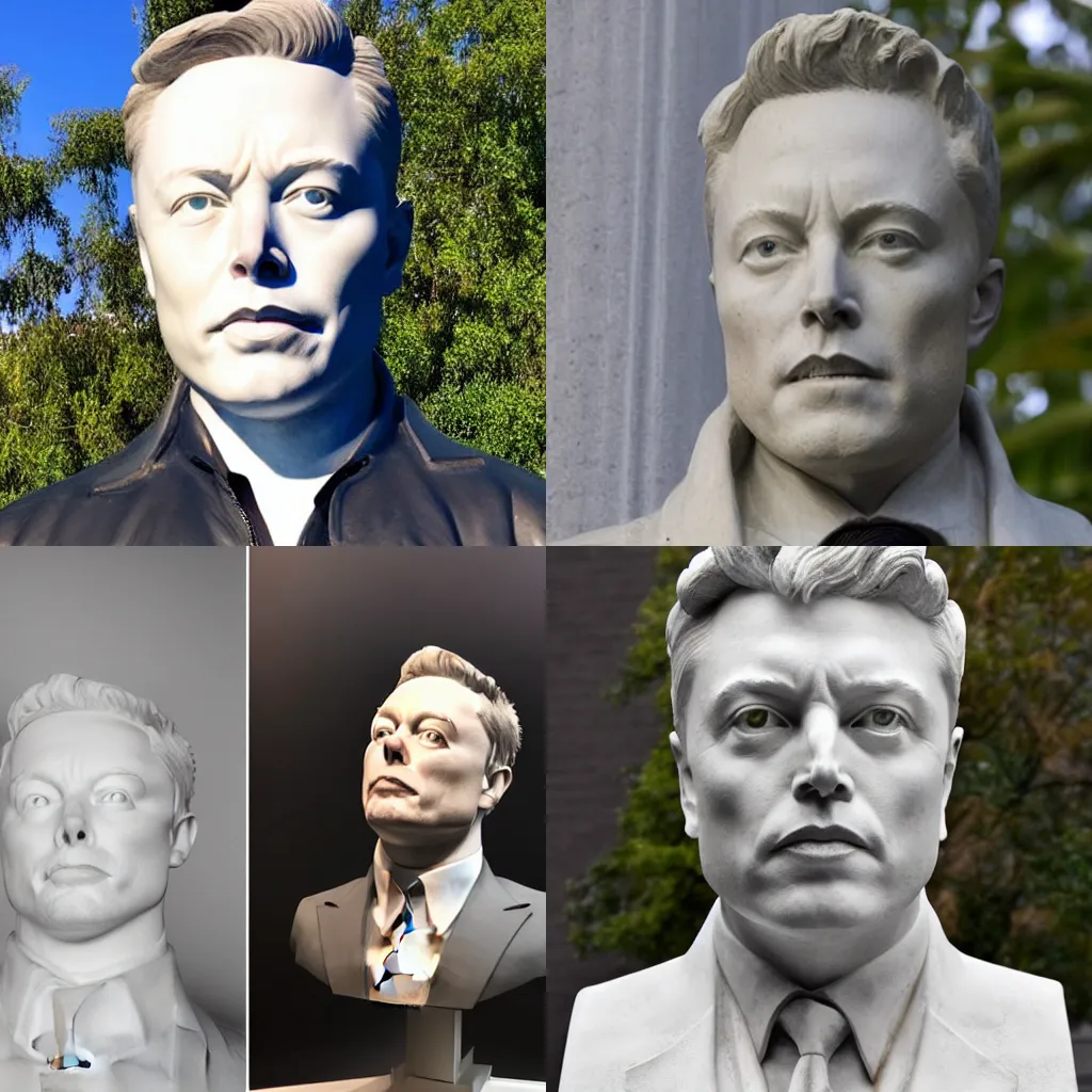 Prompt: marble white statue of Elon Musk, photo of the head of the statue