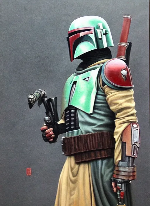 Prompt: boba fett ( mandalorian from star wars ) in a samurai japanese version, very detailed oil painting, dark and realistic, japanese art art