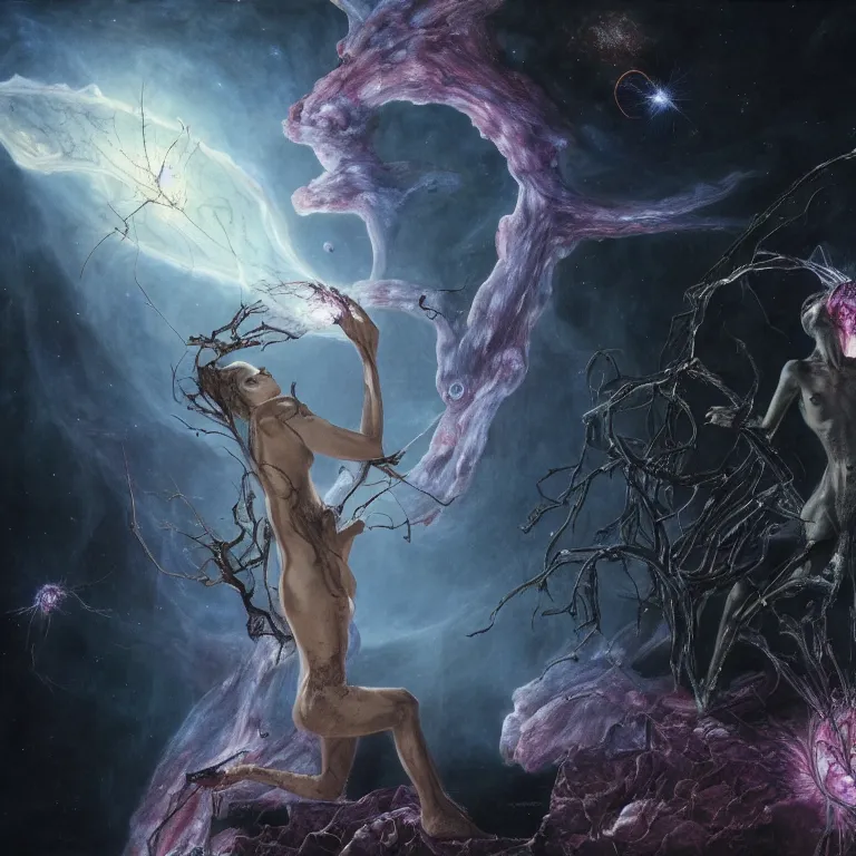 Prompt: still frame from Annihilation (2018) movie, dryad nymph sorceress flying through chaos nebula by wayne barlowe by caravaggio by giger by malczewski, 4k wallpaper