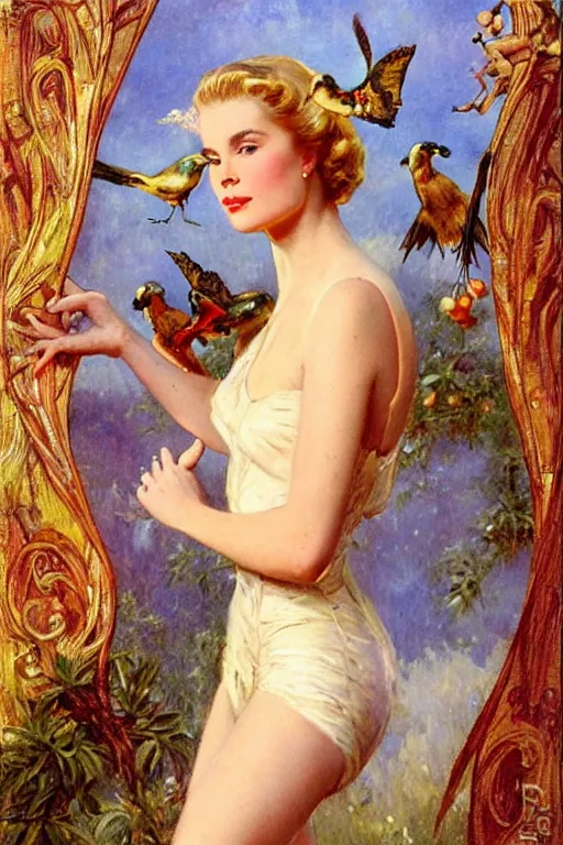 Prompt: Grace Kelly explaining the birds and the bees in the style of Gaston Bussière, art nouveau, art deco