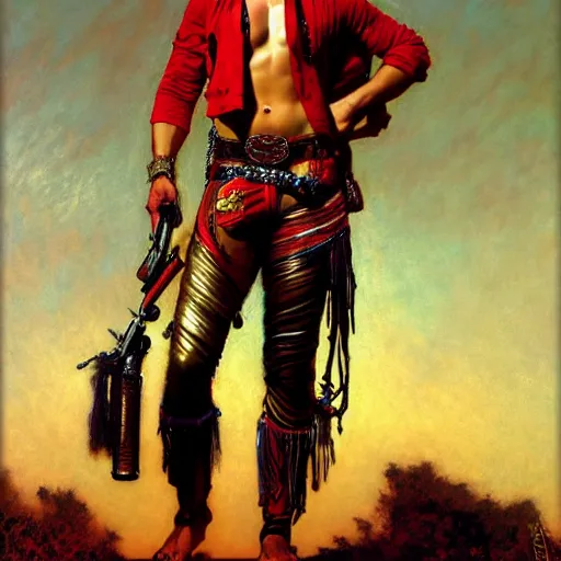 Prompt: a homoerotic painting of a shirtless gunslinger wearing a bandolier and fringed leather pants in a red dert at twilight, natural lighting, path traced, highly detailed, high quality, digital painting, by gaston bussiere, craig mullins, alphonse mucha, j. c. leyendecker