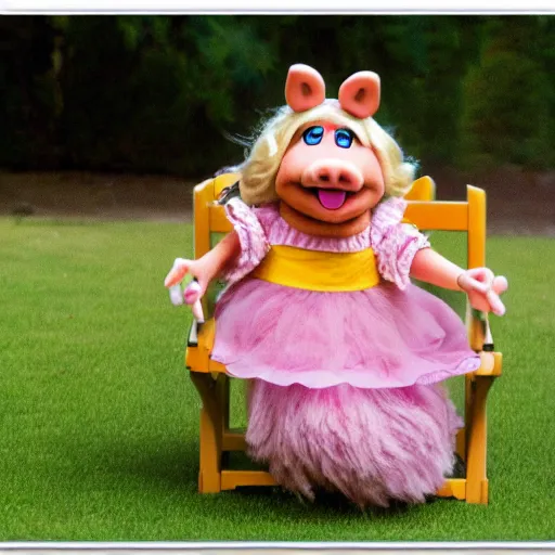 Image similar to miss piggy Muppet sitting on a chair