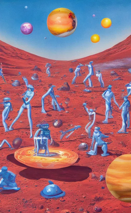 Image similar to a surreal painting of a flamboyant party on the surface of mars