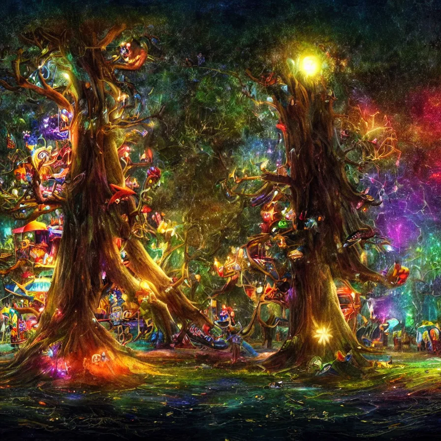 Image similar to closeup of a night carnival inside a tree cavity, a magical in a summer storm with a music scenario with many fireworks and christmas lights, next to a lake with iridiscent lake water, volumetric lightning, folklore people disguised with fantastic creatures in a magical forest by summer night, masterpiece painted fantasy art, scene by dark night environment, refraction lights, five star stories