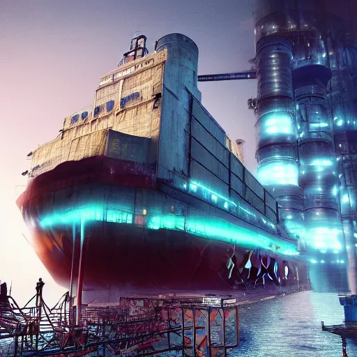 Image similar to photo of Immense industrial futuristic cargo ship arrives at cyber punk city sea port, cinematic lighting, photo