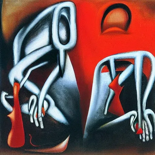 Image similar to Oil painting by Roberto Matta. Two mechanical gods kissing. Oil painting by Marlene Dumas. Dali.