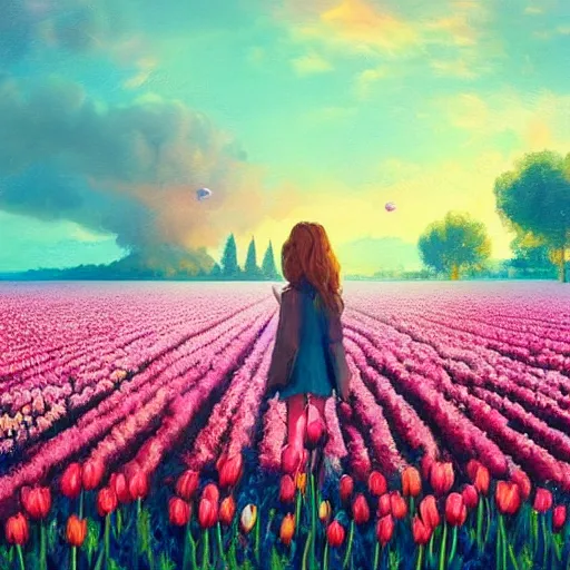 Prompt: large tulip head, girl standing in a flower field, surreal photography, sunrise dramatic light, impressionist painting, colorful clouds, digital painting, artstation, simon stalenhag