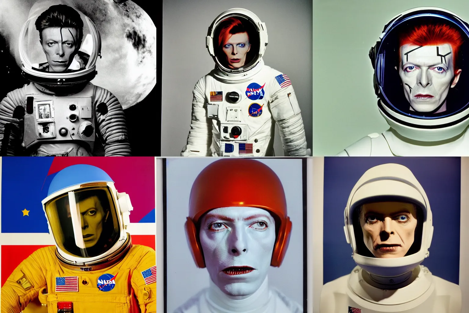 Prompt: medium shot studio photo pale david bowie!! in a space suit with open helmet, face visible, nasa, by warhol,