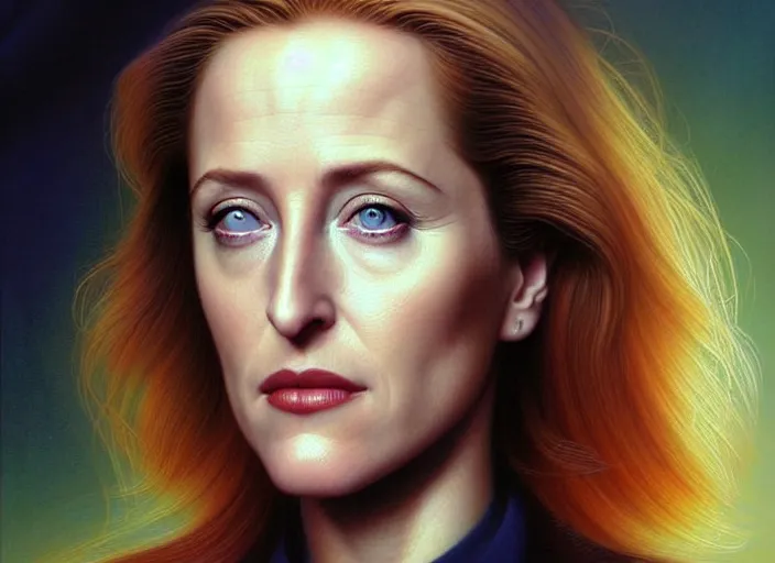 Image similar to portrait shot of young gillian anderson in x - files, intricate, elegant, highly detailed, centered, digital painting, artstation, concept art, smooth, sharp focus, illustration, artgerm, tomasz alen kopera, peter mohrbacher, donato giancola, joseph christian leyendecker, wlop, boris vallejo