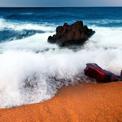 Prompt: waves crashing on a beach at night, moon, lava rock, small house