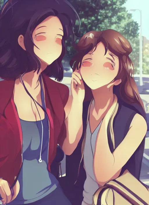 Prompt: two beautiful mothers waiting at a bus stop, summer clothes, gorgeous faces, smooth, thick lines, cinematic lighting, detailed anime art