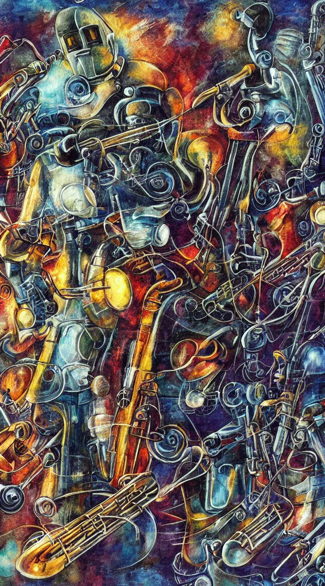Image similar to jazz, trumpet, sci fi, music notes, robot, wallpaper, masterpiece, hdr