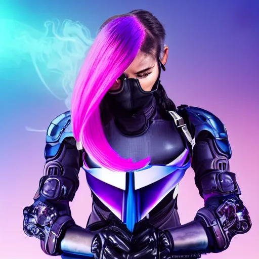 Image similar to a award winning action upper body portrait of a beautiful woman with a ombre purple pink hairstyle with head in motion and hair flying while wearing futuristic navy blue bodyarmor and pauldrons, outrun, vaporware, highly detailed, fine detail, intricate