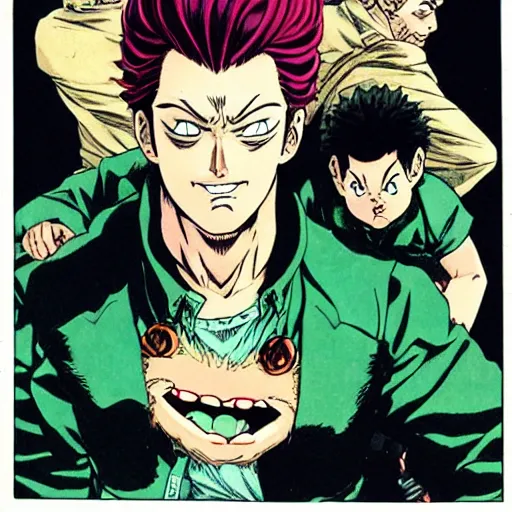 Image similar to young boy angry with pompadour hair, art by katsuhiro otomo, tetsuo hara, hirohiko araki, jotaro kujo, banchou, action pose, manga cover