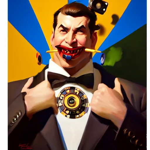 Image similar to greg manchess portrait painting of casino roulette with a mouth as overwatch character, medium shot, asymmetrical, profile picture, organic painting, sunny day, matte painting, bold shapes, hard edges, street art, trending on artstation, by huang guangjian and gil elvgren and sachin teng