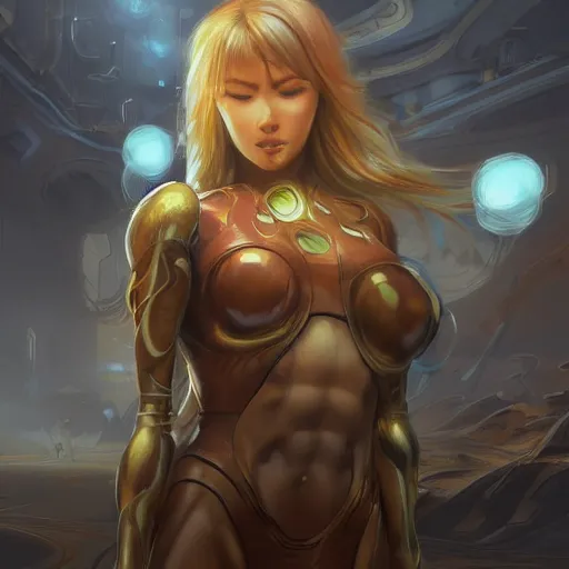 Prompt: an insanely detailed realistic depiction of samus aran, flowing golden hair, in the style of peter mohrbacher, artgerm, dramatic lighting and composition, octane render, trending on artstation, concept art 8 k